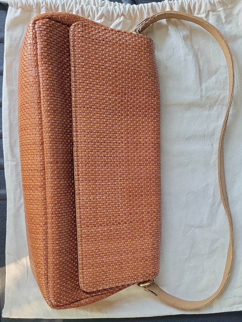 Woven Tan Shoulder Bag with Slim Strap